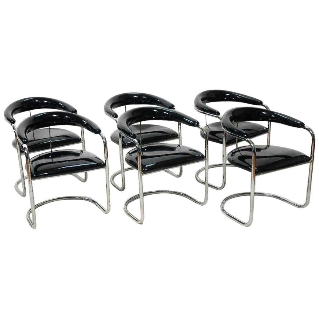 Six Black Patent Leather and Chrome Thonet Dining Chairs