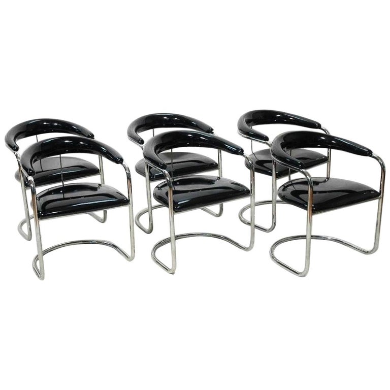 Six Black Patent Leather And Chrome Thonet Dining Chairs For Sale At 1stdibs