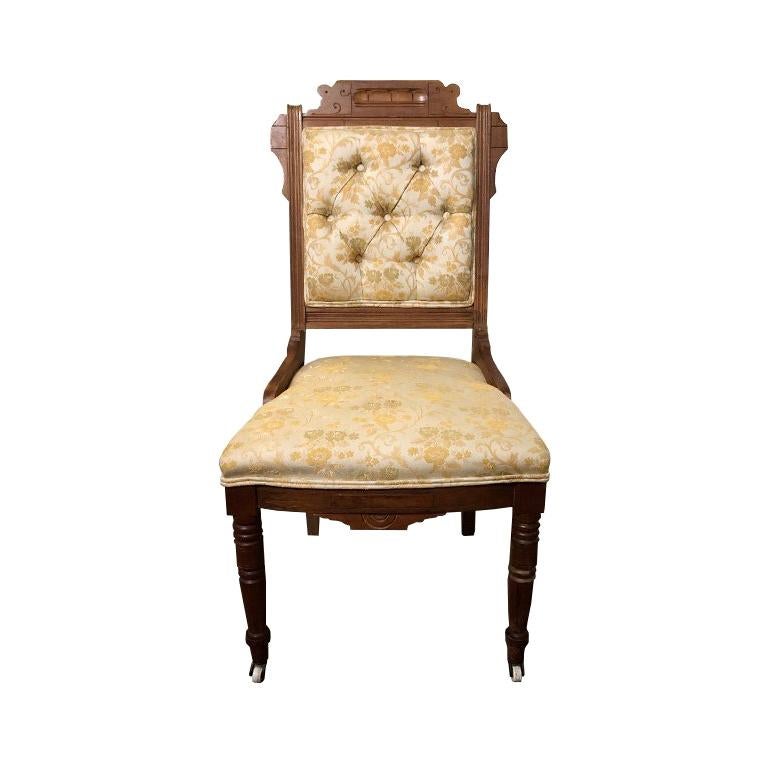 Hand Carved Brocade Covered Chair with Casters in the Style of East lake For Sale