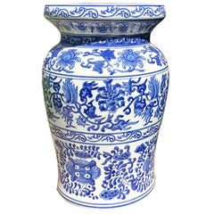 Antique Round Ceramic Floral blue and white Chinese Export Patio Garden Stool