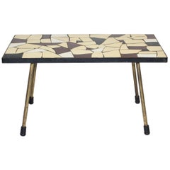 Mid-Century Modern Retro Brass White Brown Ceramic Tile Sofa Table, circa 1950