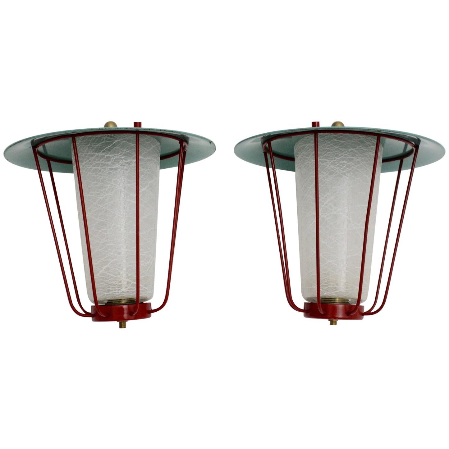 Mid-Century Modern Vintage Brass Red Green Metal Kalmar Lanterns Vienna