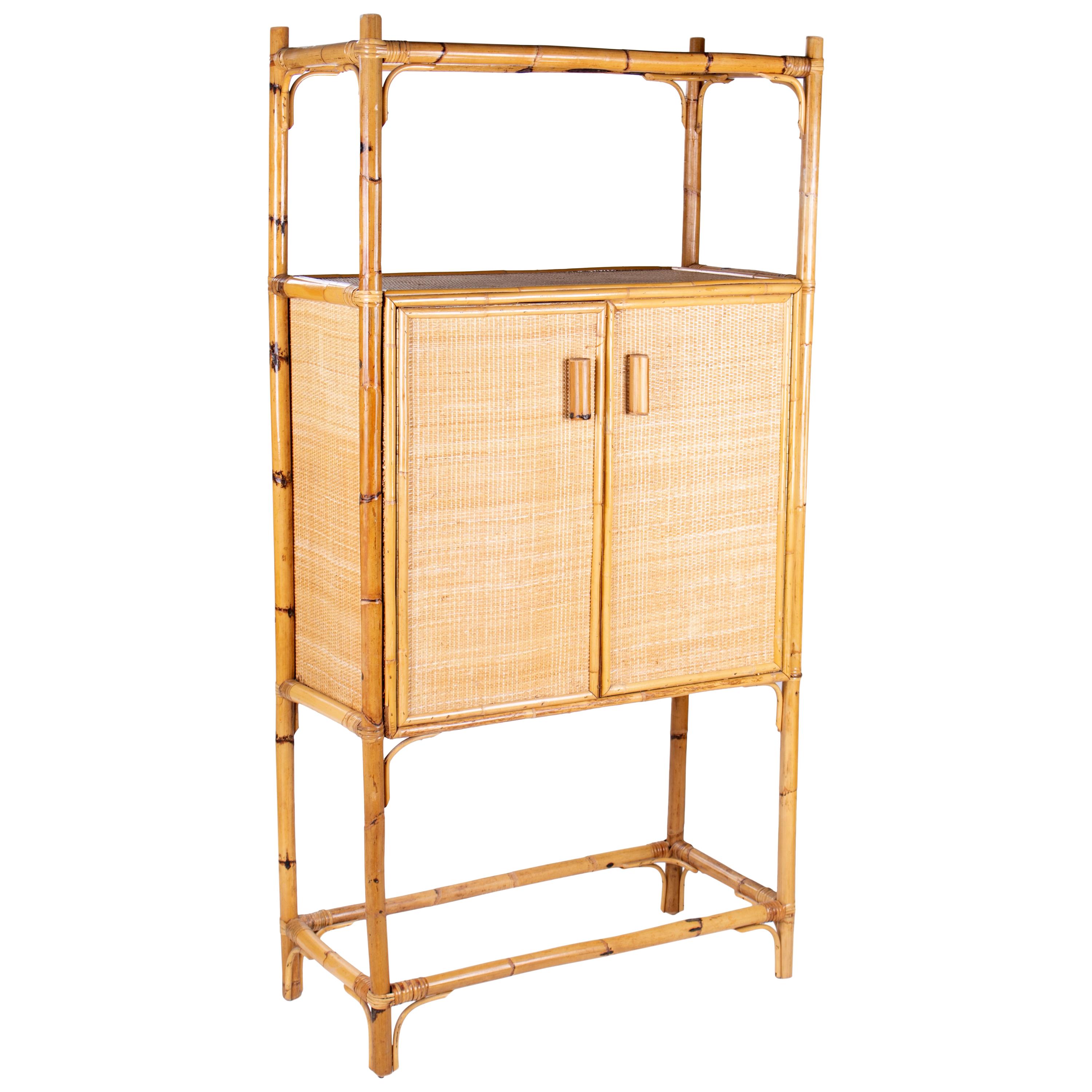 1980s Spanish Bamboo Two-Door Shelved Bookcase For Sale