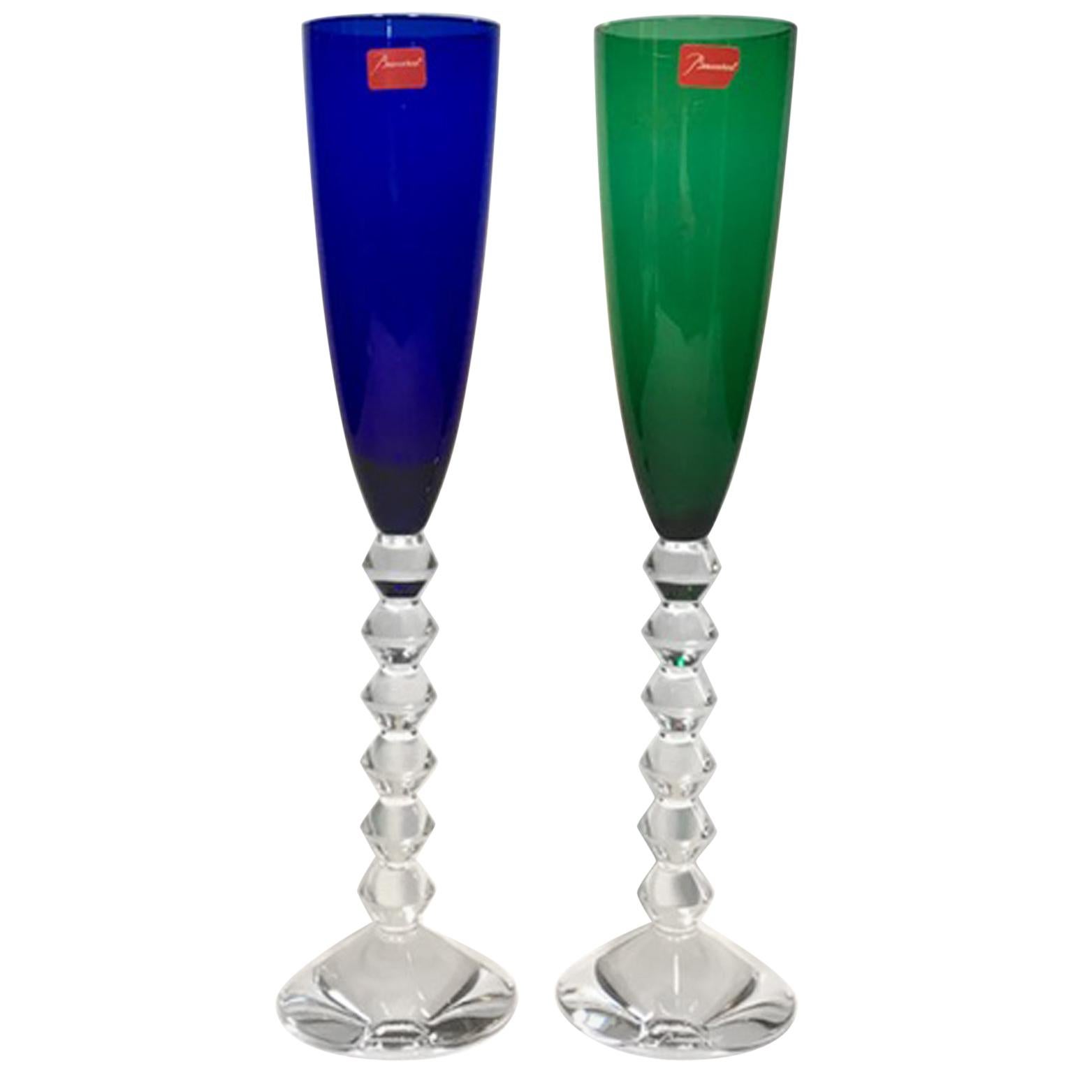 Set of Two Baccarat Green and Blue Crystal Goblets Glasses France, 21st Century