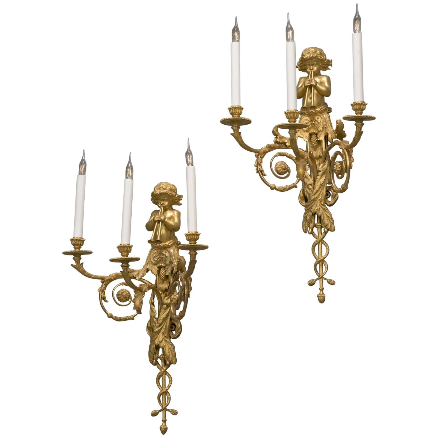 Pair of Louis XVI Style Three-Light Wall-Appliques after Jean Hauré, circa 1890 For Sale