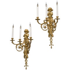 Antique Pair of Louis XVI Style Three-Light Wall-Appliques after Jean Hauré, circa 1890