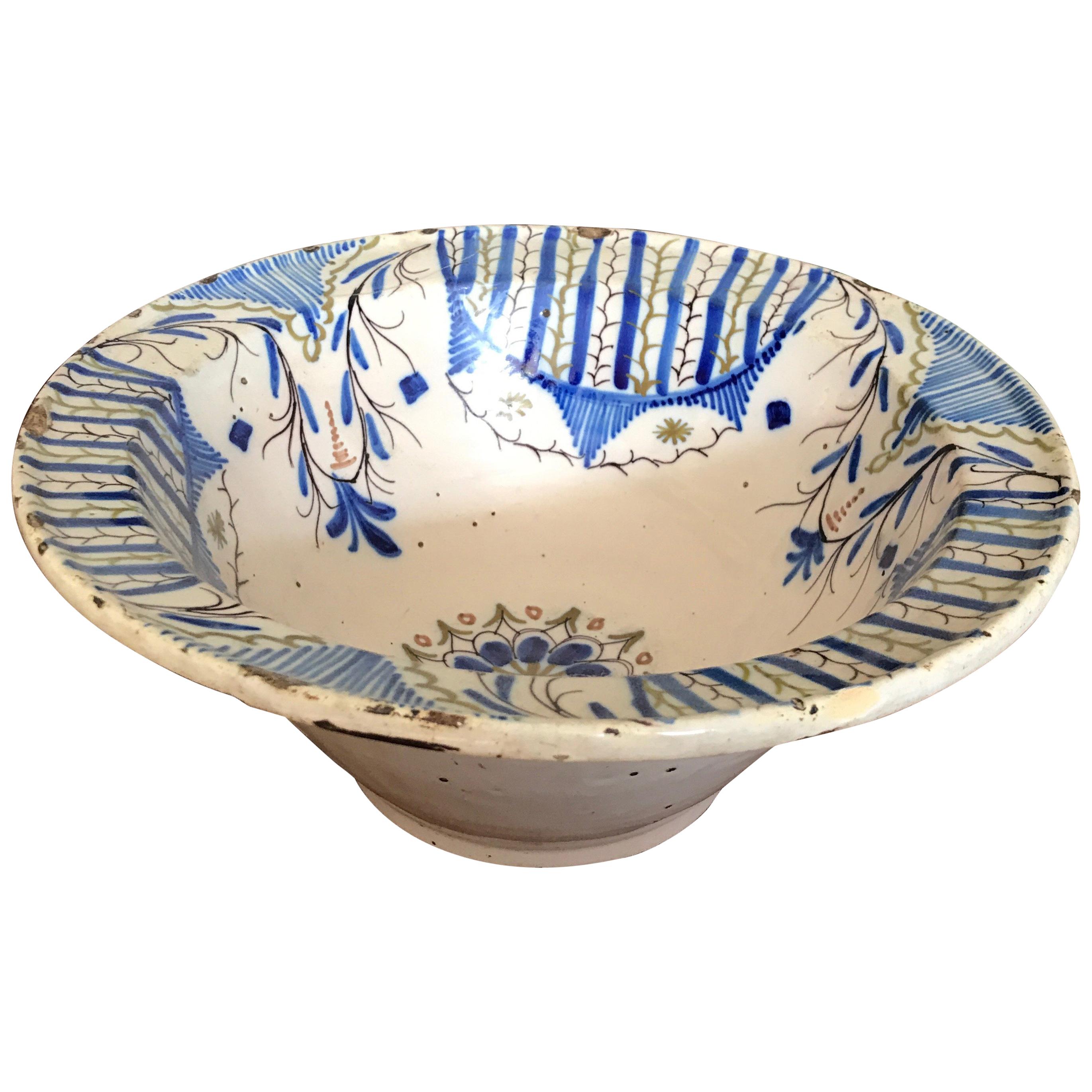 Majolica Bowl Spanish 18th Century Delft Blue For Sale