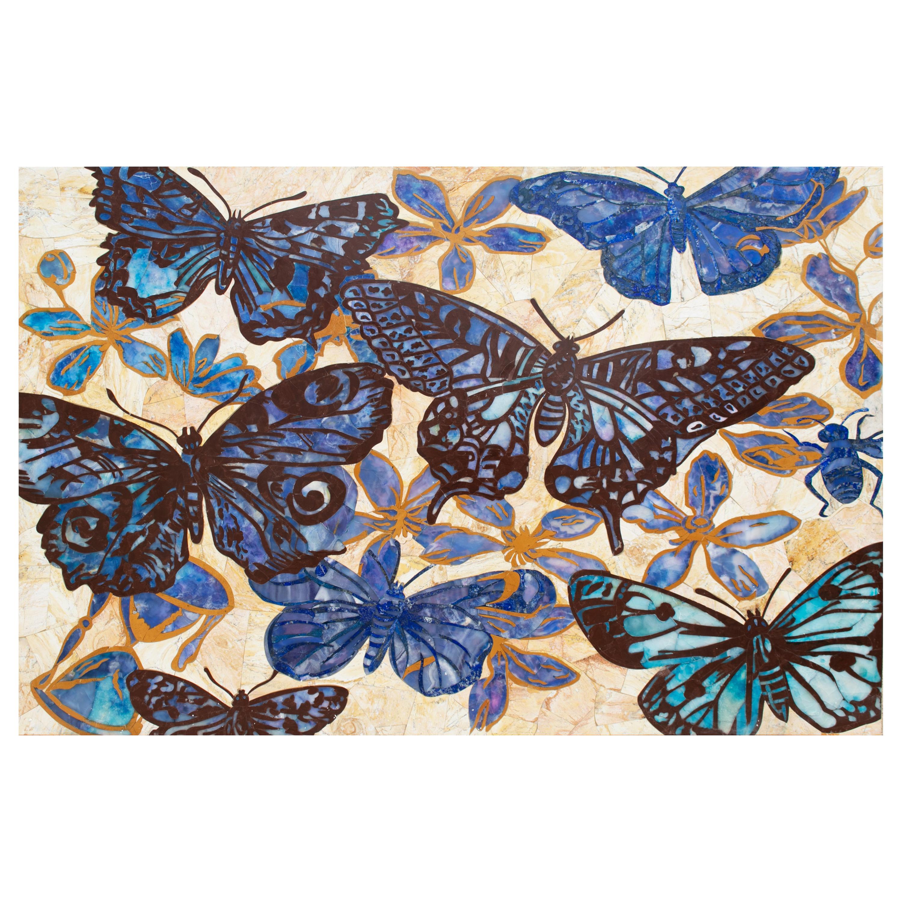 Marble Mosaic Table Top with Colourful Butterflies For Sale