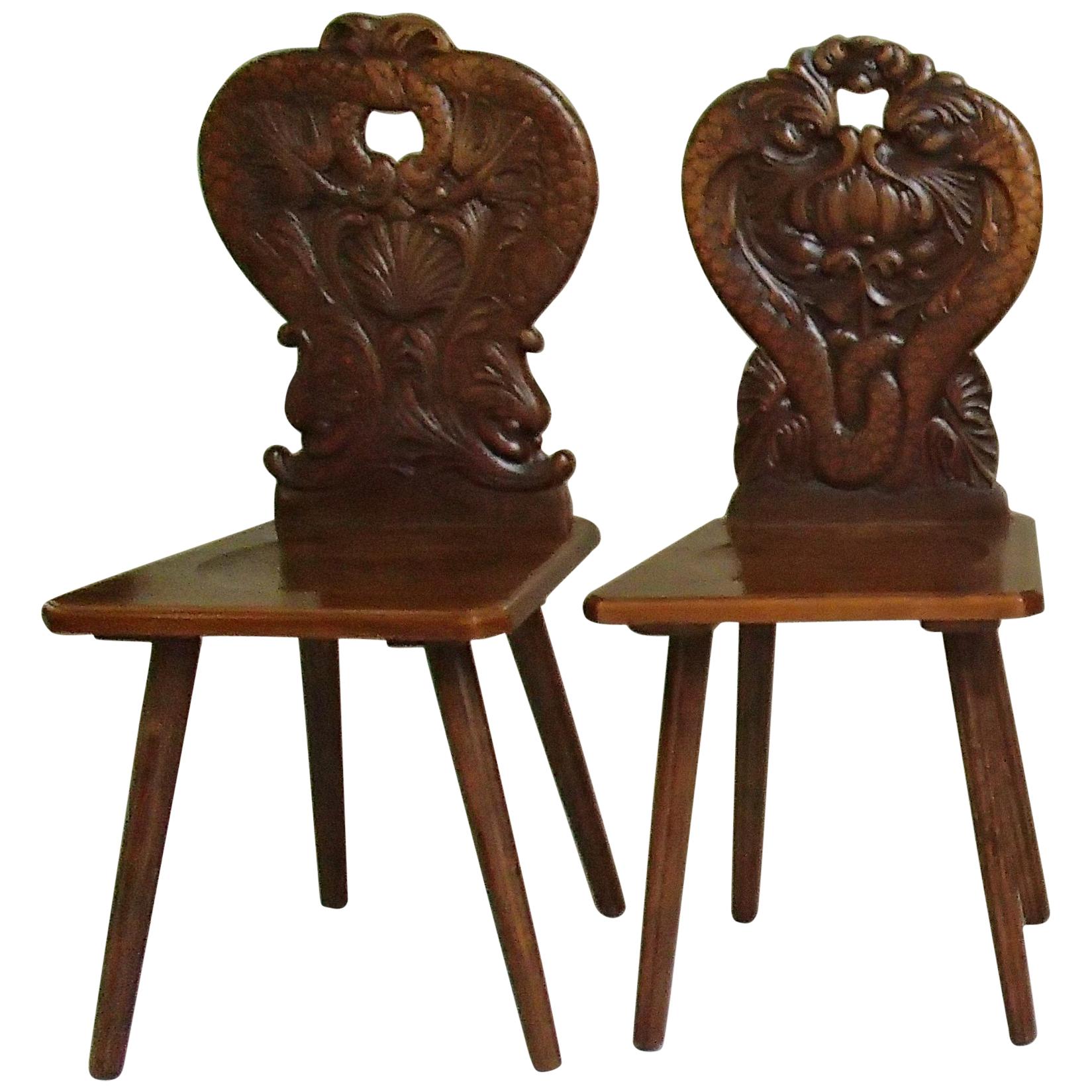 Pair of Brutalist Wooden Chairs Carved with Fabulous Creatures, Dragons