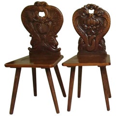 Antique Pair of Brutalist Wooden Chairs Carved with Fabulous Creatures, Dragons