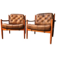 Vintage Pair of Ingemar Thillmark Lounge Chairs in Leather and Beech Wood