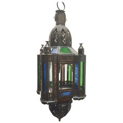 Vintage Moroccan Handcrafted Moorish Pendant Lantern with Multi-Color Glass