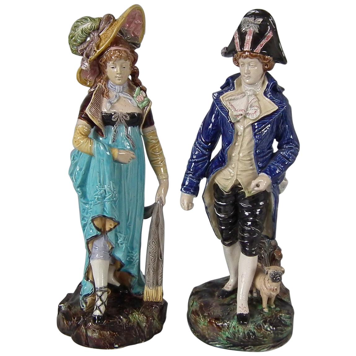 Pair of German Majolica Lady And Gent Figures For Sale