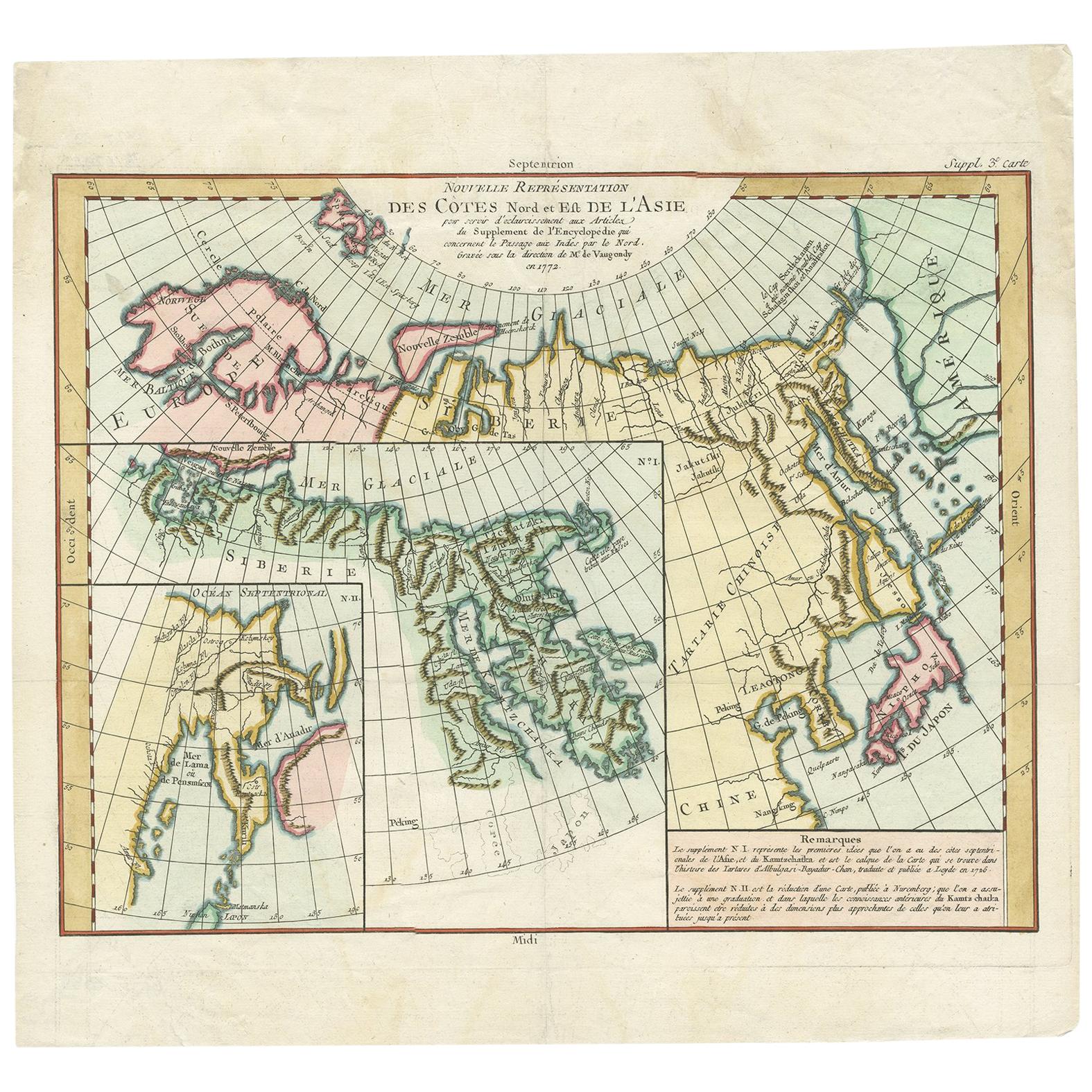 Antike antike Karte der Nord- und Ostküste Asiens von Vaugondy, um 1750 im Angebot
