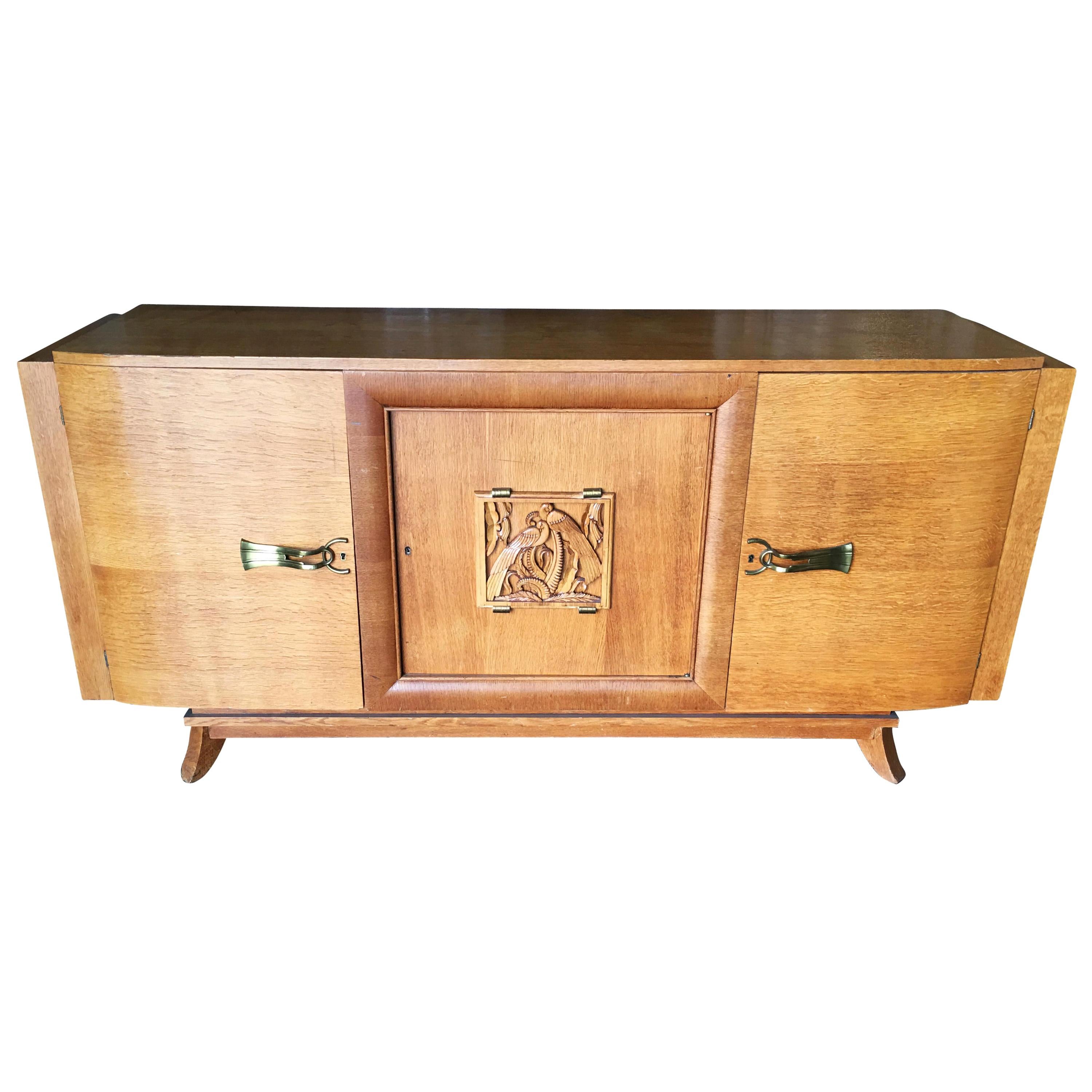 James Mont Style Sideboard with Carved Art Sculpture For Sale