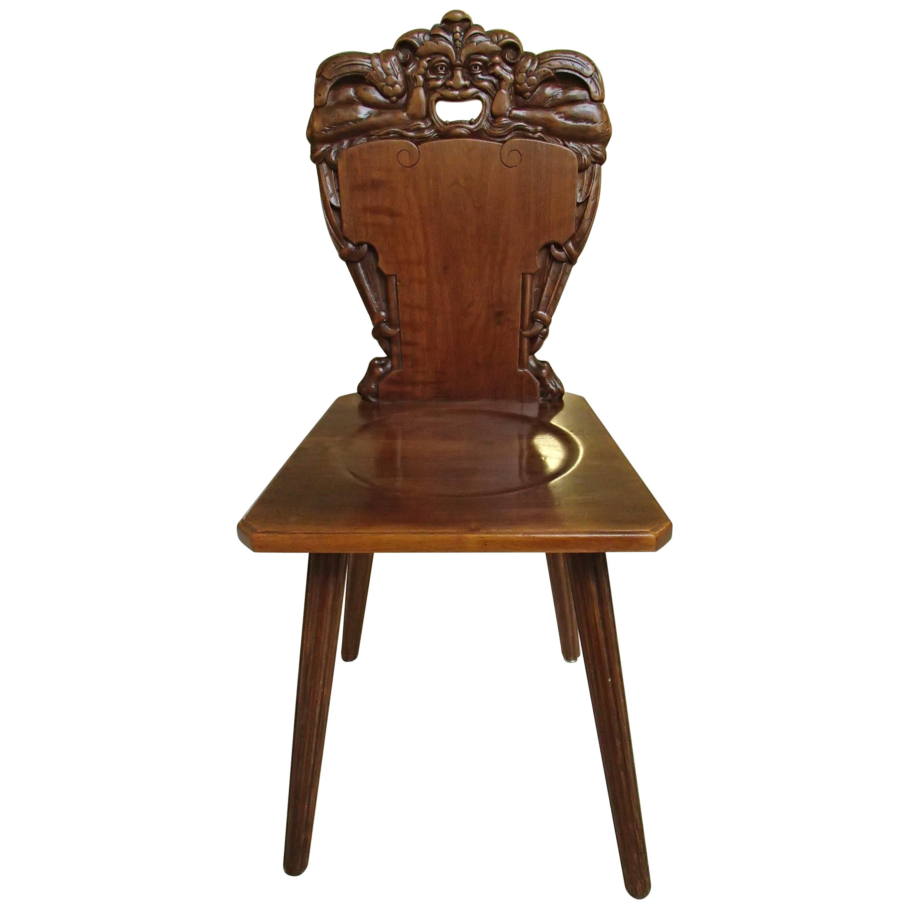 18th Century Brutalist Wooden Chair Carved with Fabulous Creature