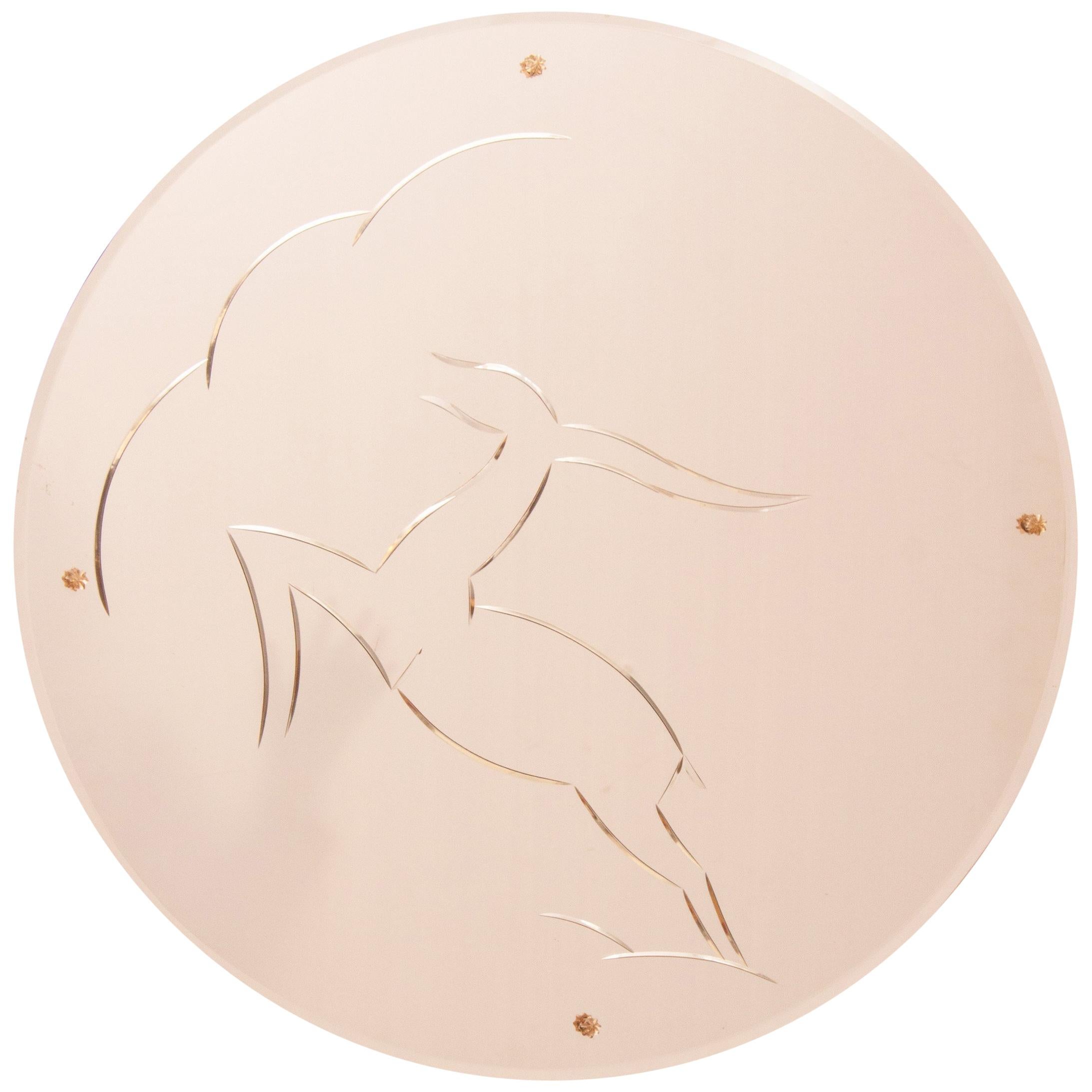 Art Deco Mirror with Leaping Gazelle Design on Peach Mirror Glass