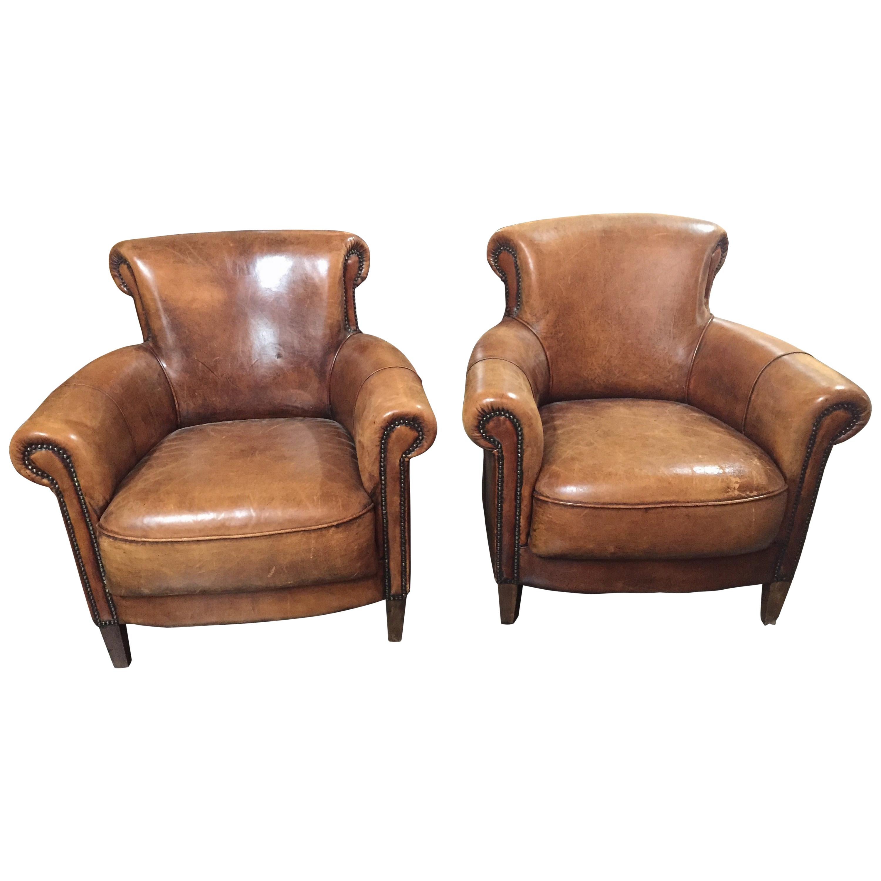Pair of English Leather Club Chairs at 1stdibs