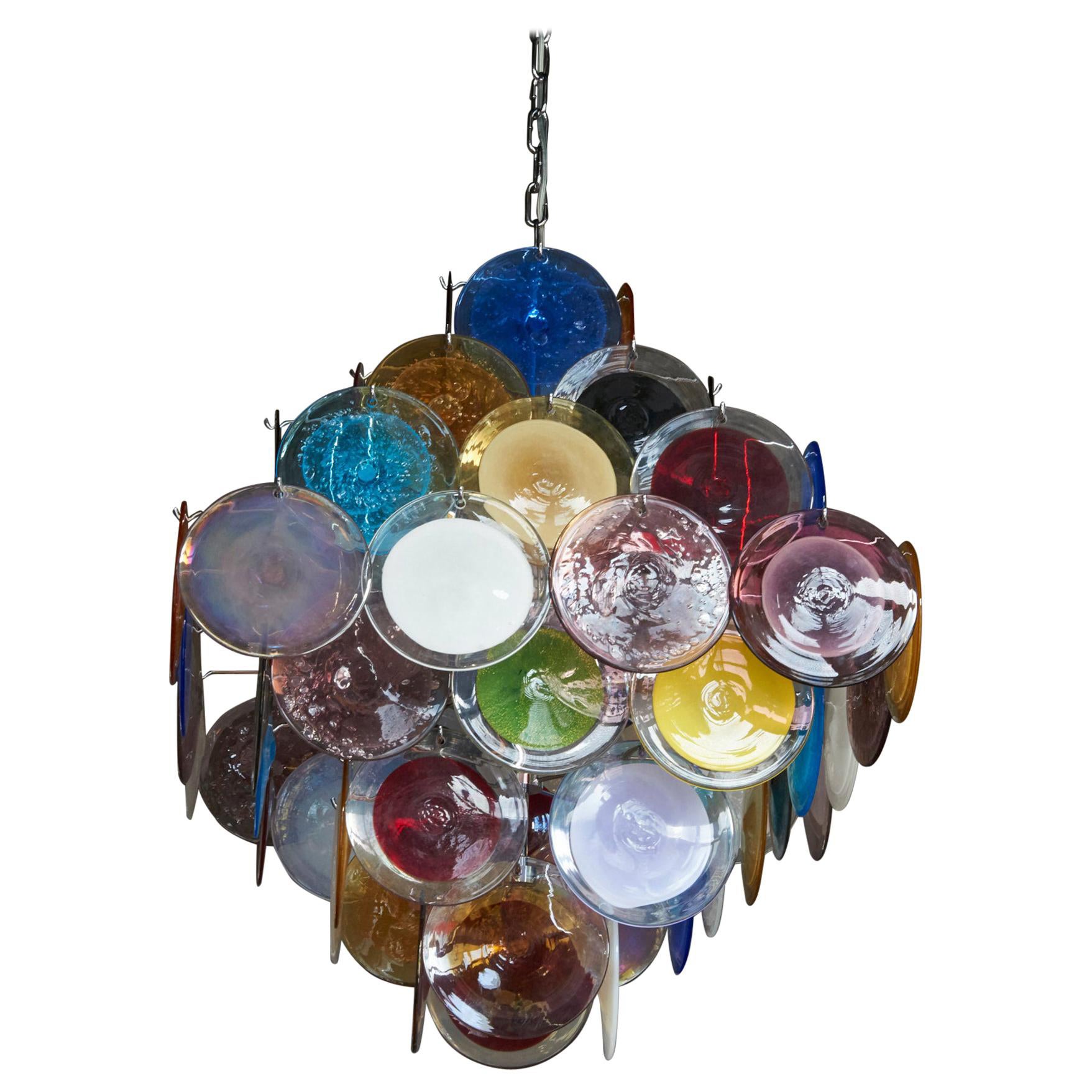 Large Multi-Color Murano Glass Disk Chandelier in the Style of Vistosi For Sale