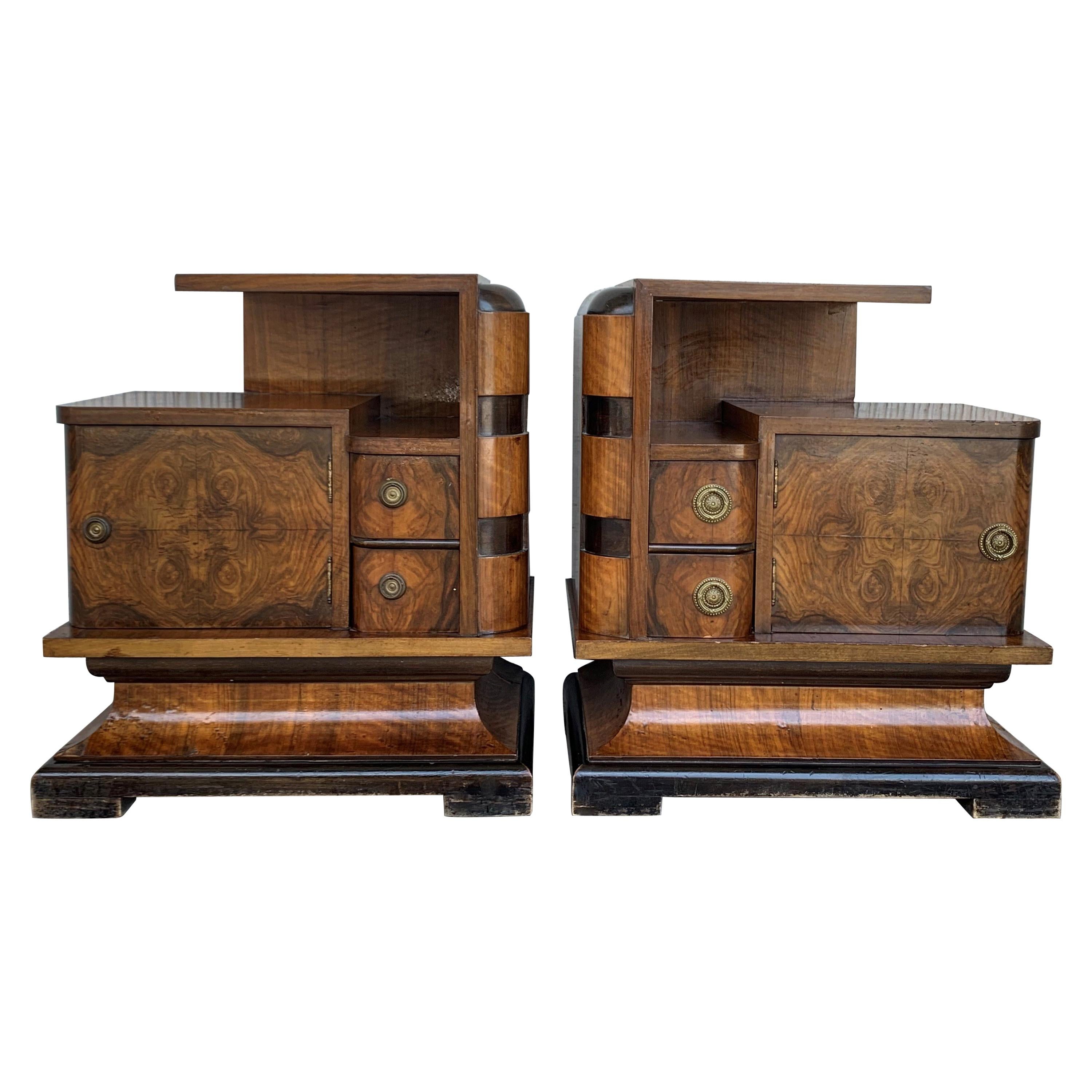 20th Century Art Deco Carved Pair of Nightstands with Two Drawers and Door