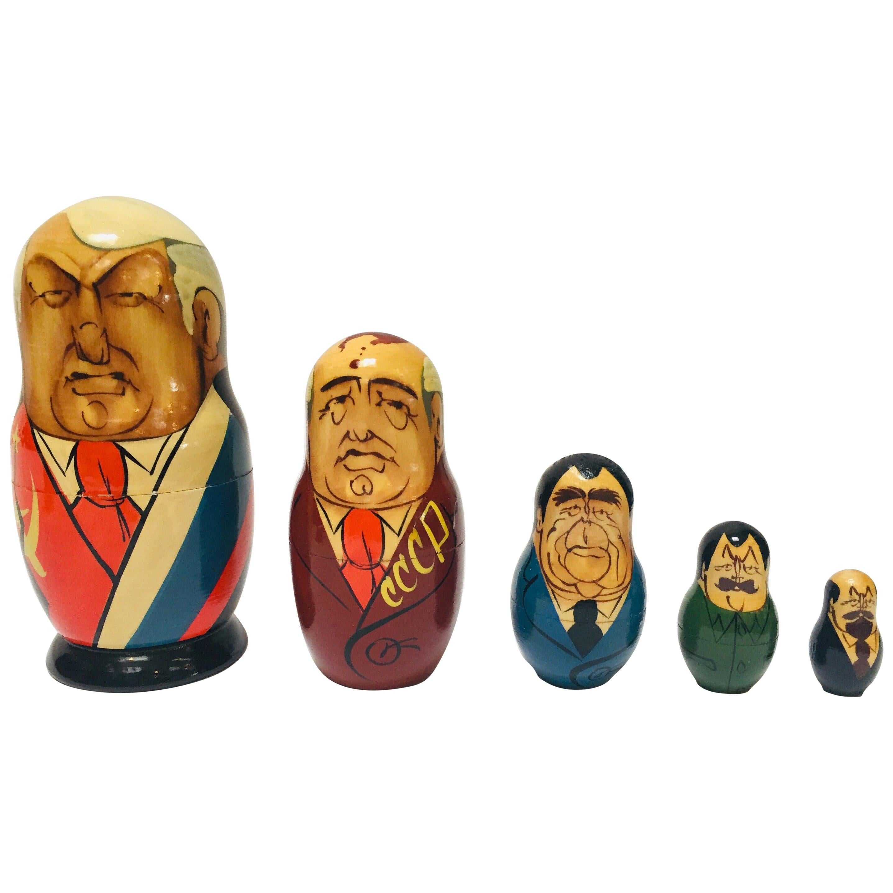 Hand Painted and Carved Nesting Matryoshka Soviet Politicians USSR, 1990s