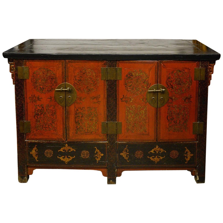 Chinese Old Red Lacquered Sideboard For Sale at 1stdibs