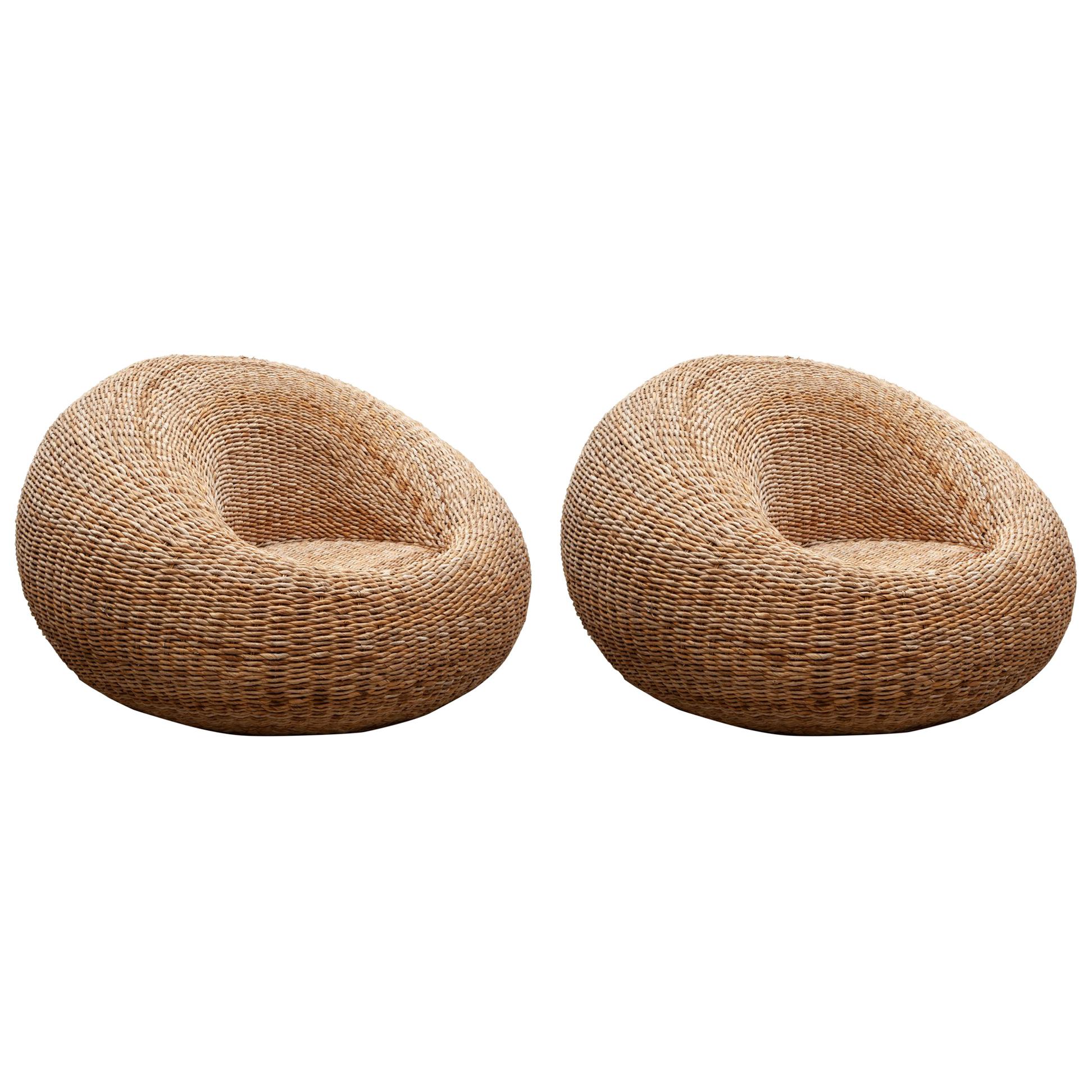 Isamu Kenmochi Style Set of Two Circular Organic Bamboo Cord Lounge Chairs
