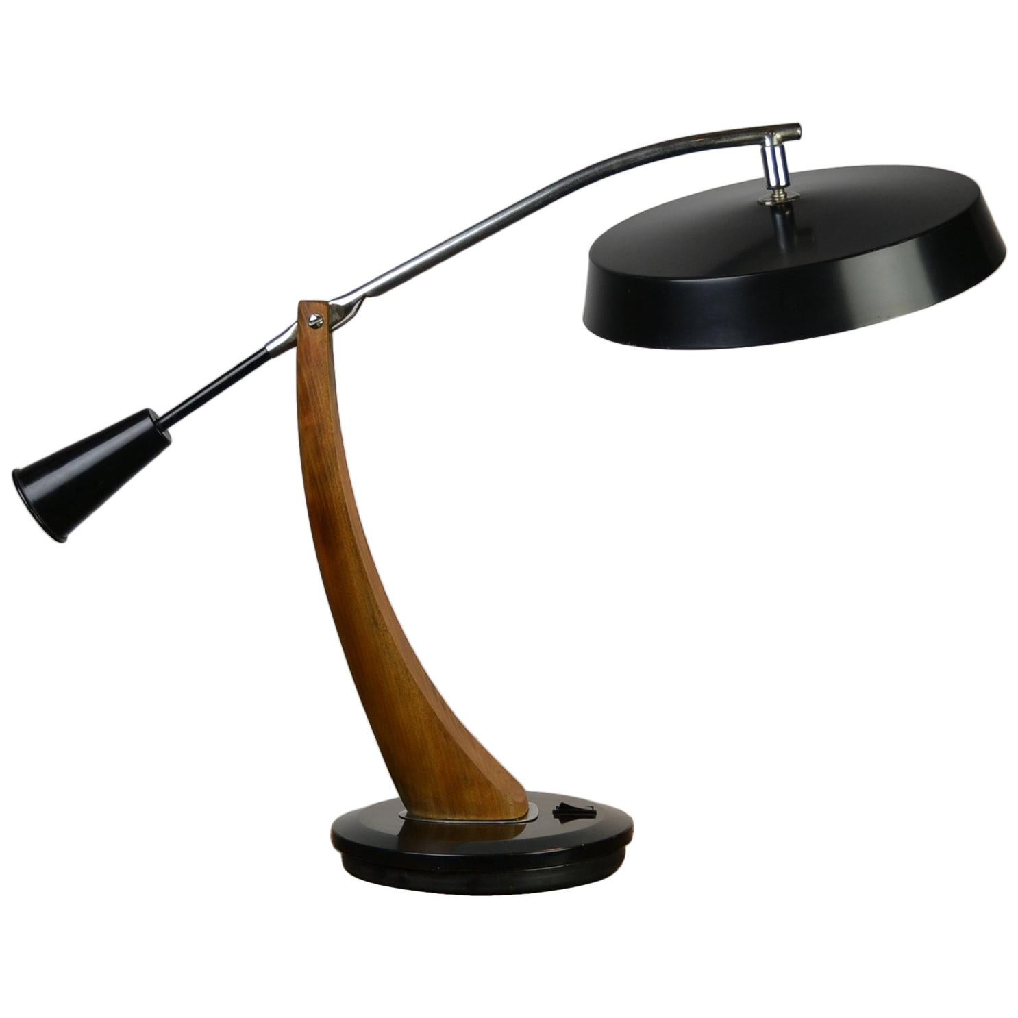 1960s Desk Lamp, Black Laquered Metal and Wood, Fase Madrid, Spain