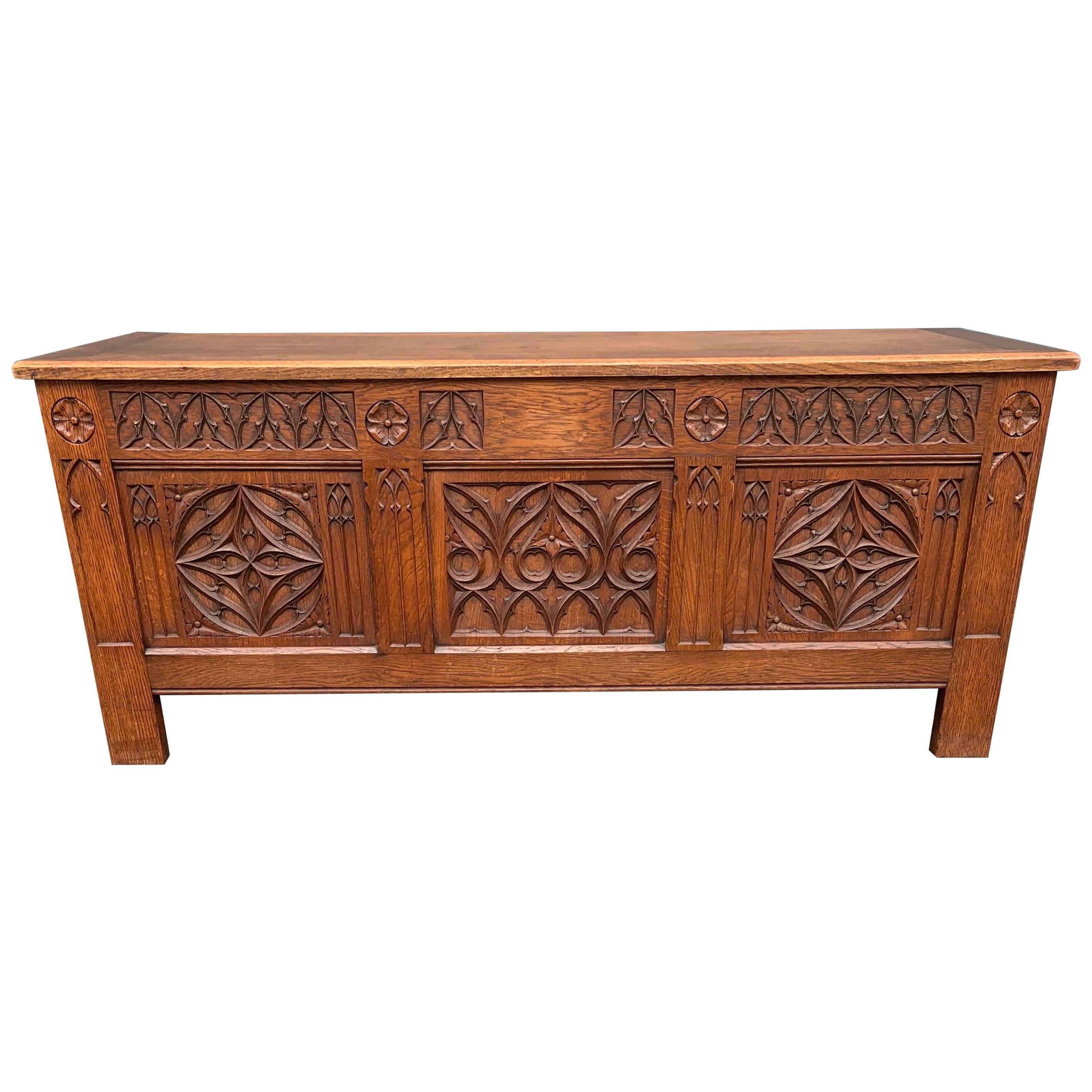 Stunning & Quality Carved Gothic Revival Blanket Chest with Church Window Panels