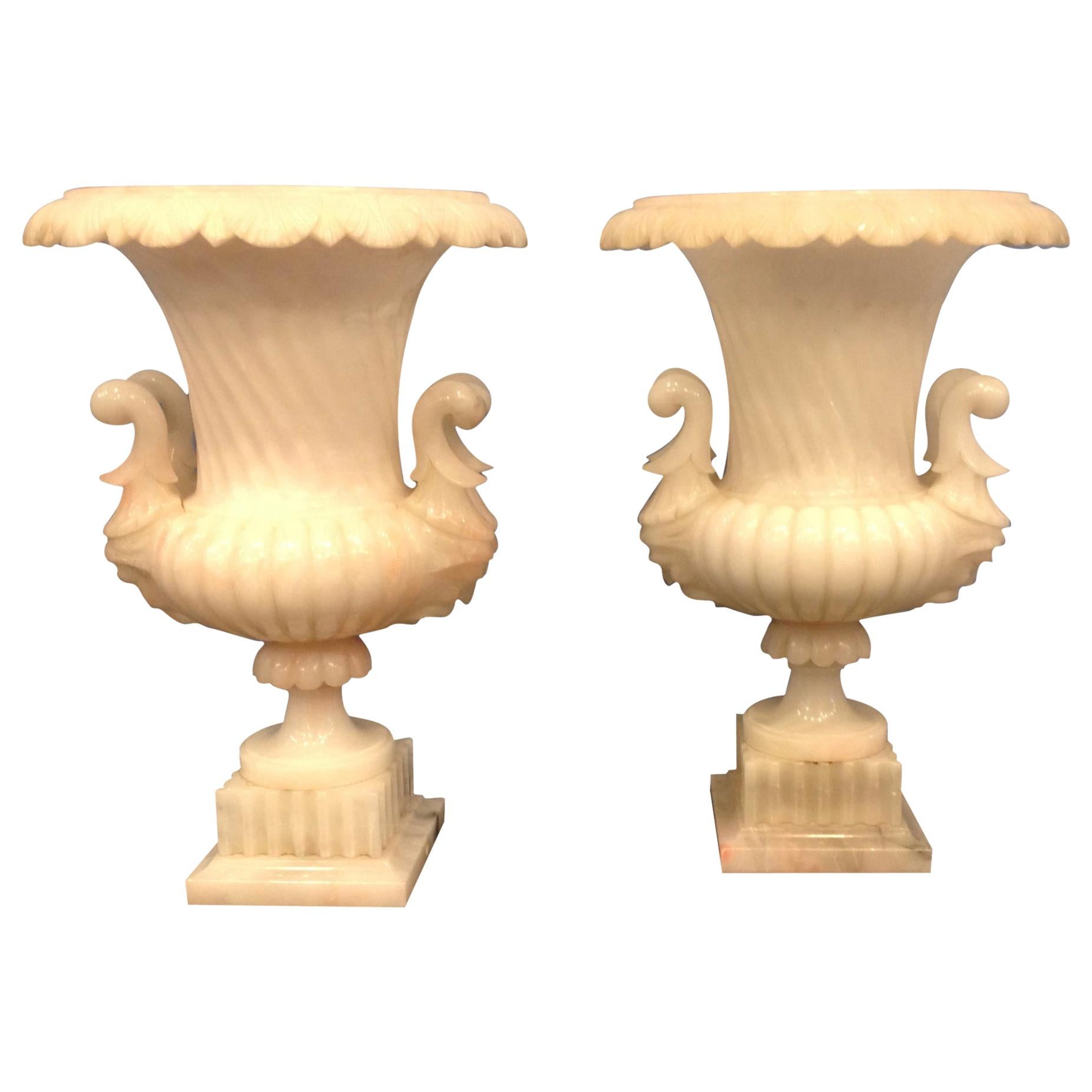 Pair of Large Carved Alabaster Urns