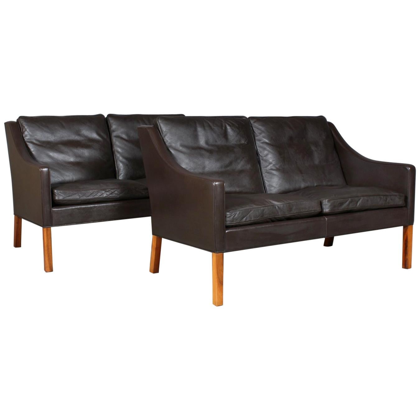 Børge Mogensen Pair of Two-Seat Sofa, Model 2208, Original Dark Brown Leather