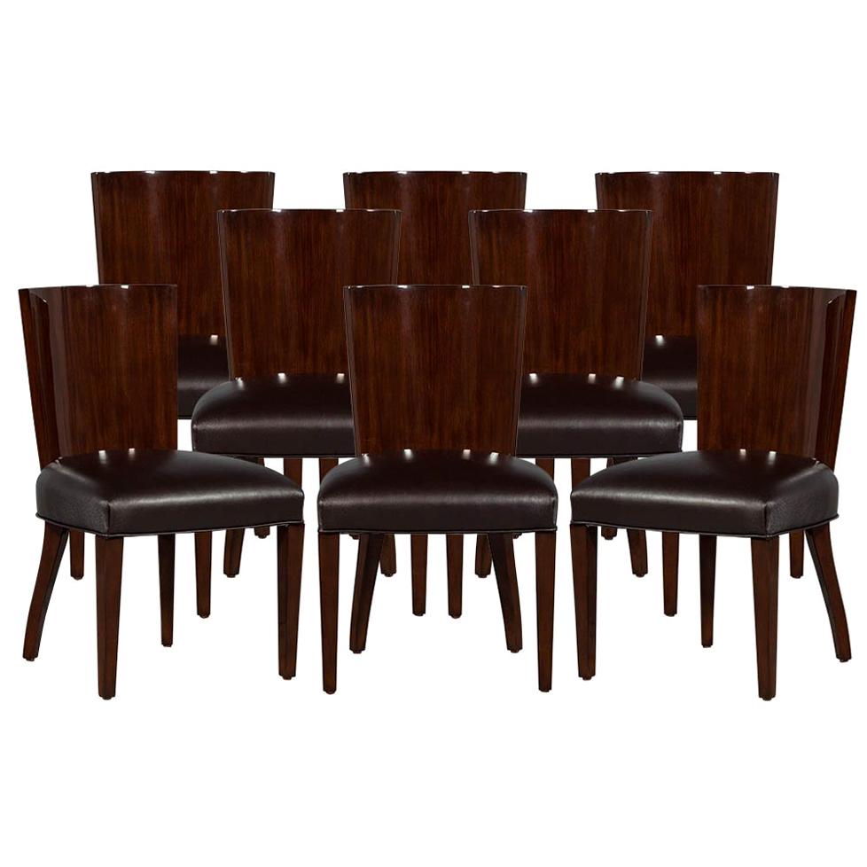 Set of 8 Rich Brown Lacquered Leather Dining Chairs