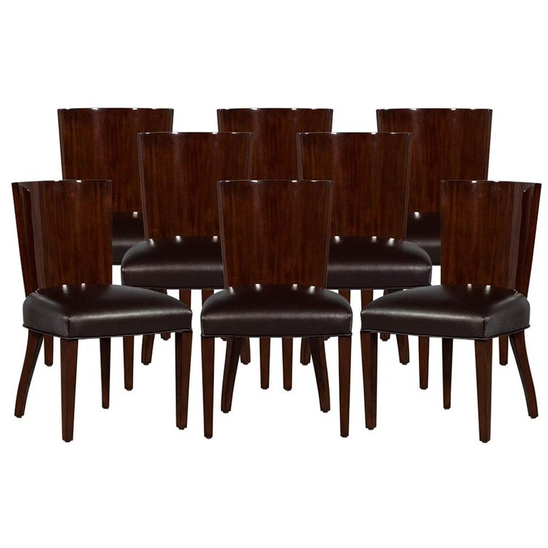Set of 8 Rich Brown Lacquered Leather Dining Chairs For Sale at 1stdibs