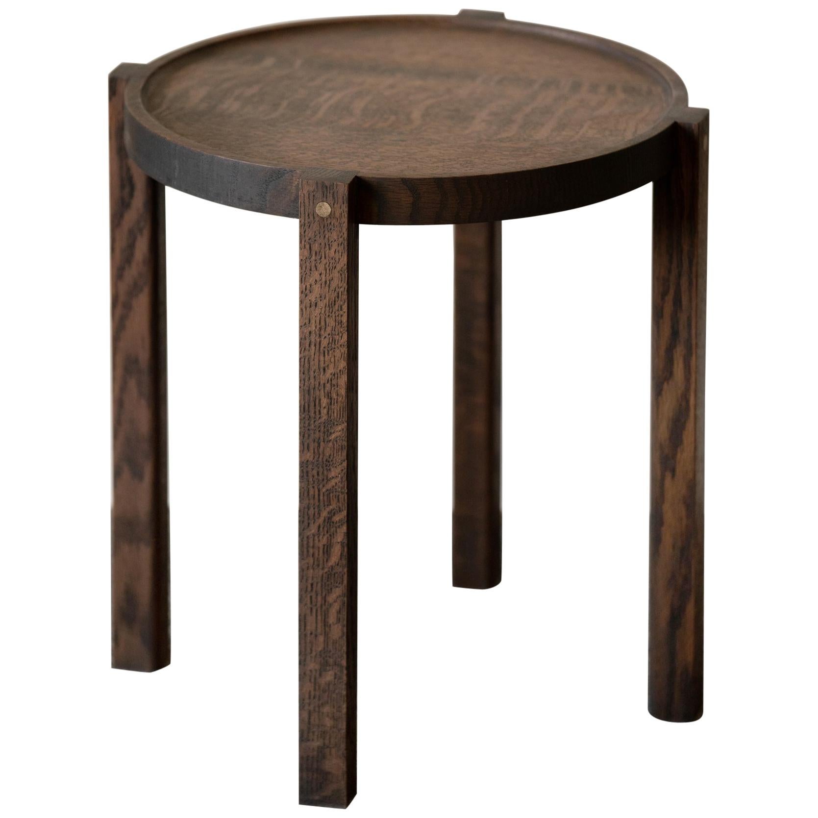 Round Wood Side Table Black Color White Oak with Brass Details