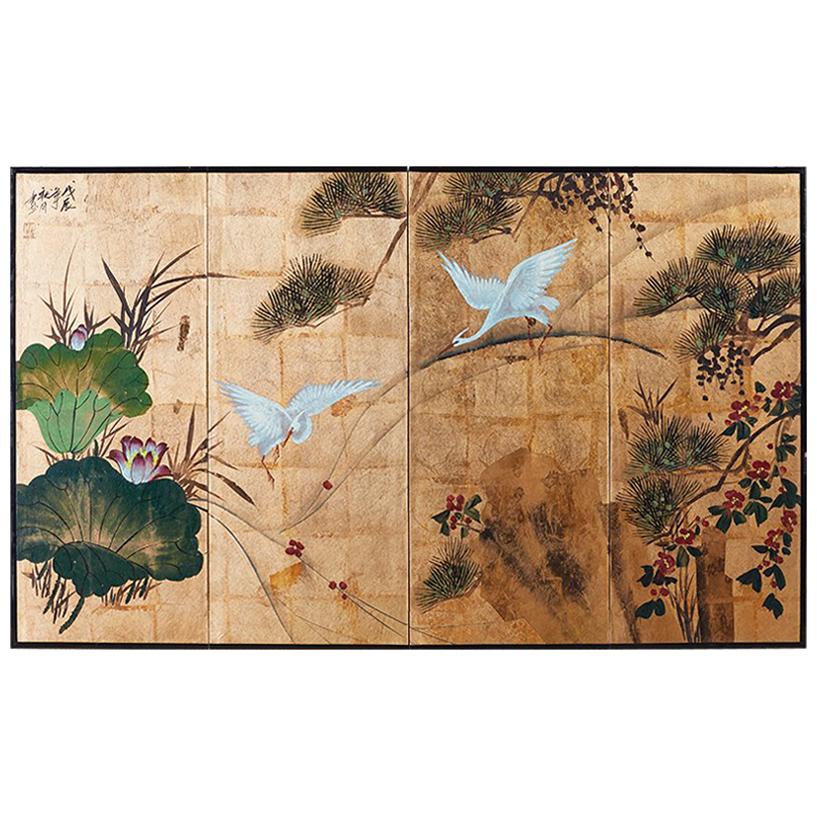 Japanese Four-Panel Gold Leaf Byobu Screen with Cranes