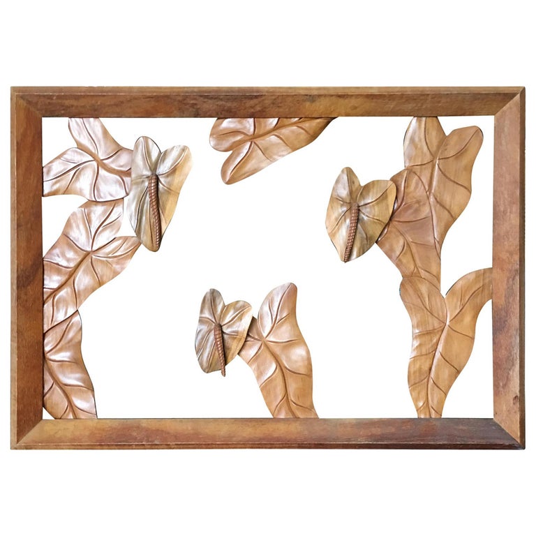 Large Hand Carved Koa Wood Anthurium Wall Art For Sale at