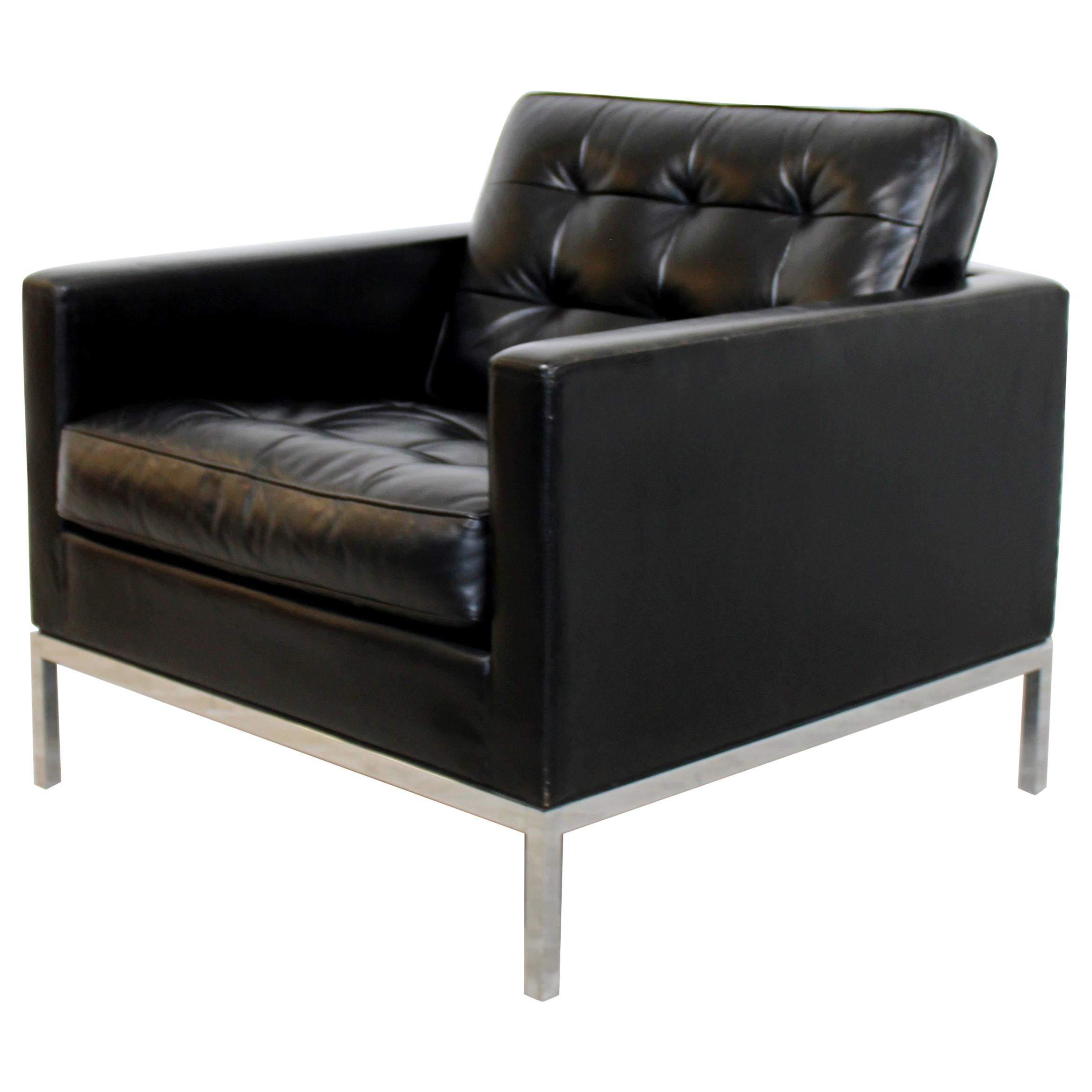 Mid-Century Modern Florence Knoll Chrome Cube Armchair Black Tufted Leather