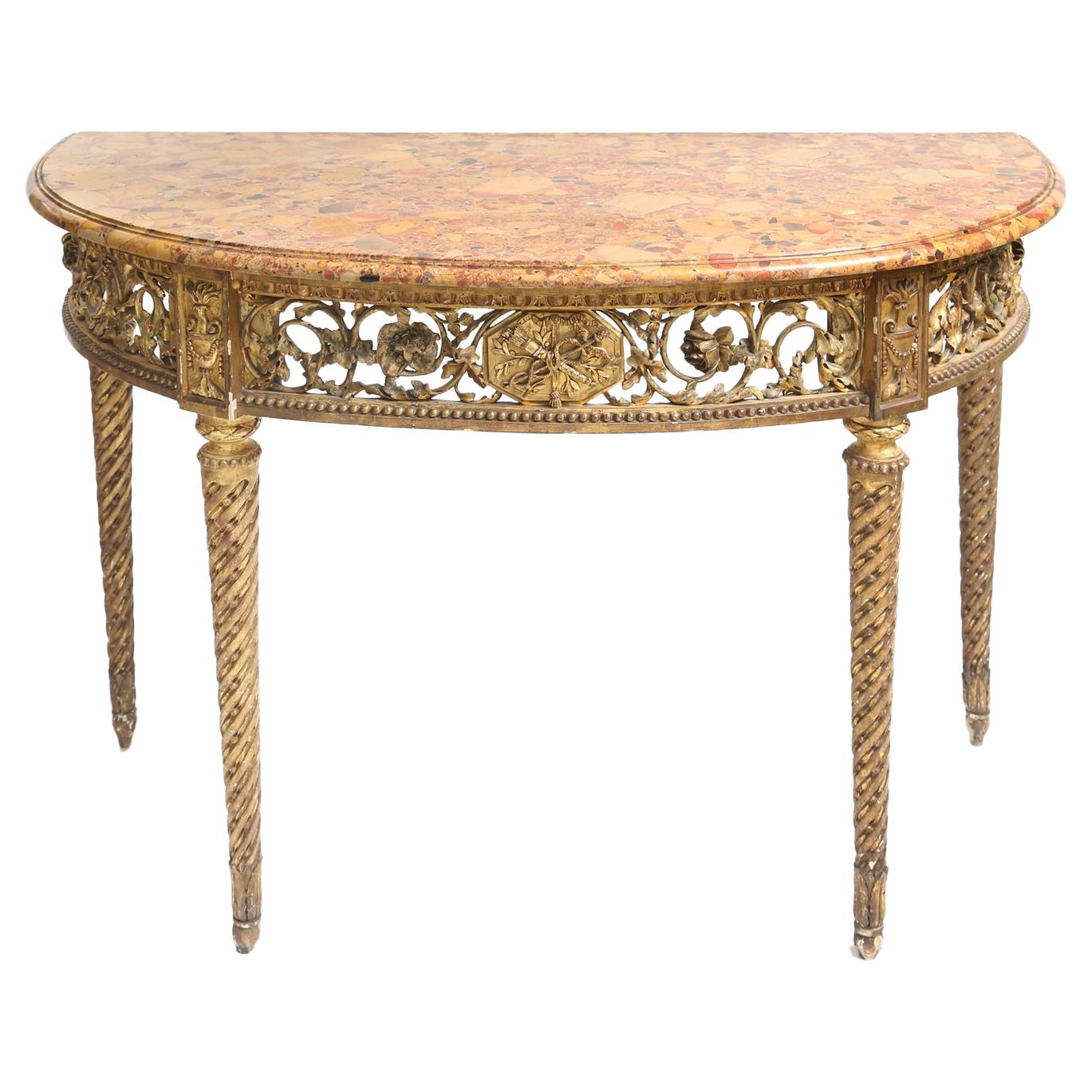 Early 19th Century Giltwood Demilune Console with Breche d'alep Marble Top