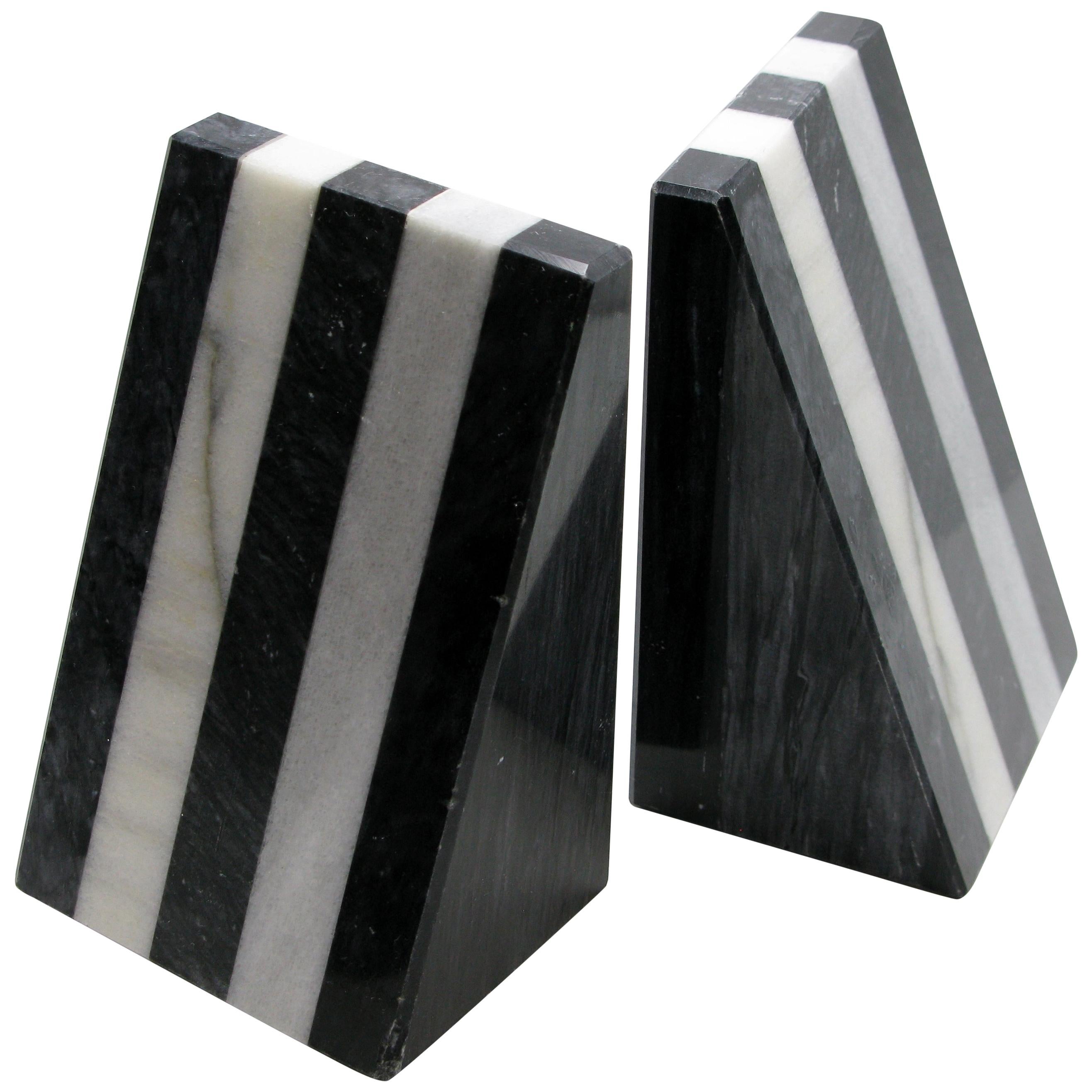 Italian 1980s Black and White Stripe Marble Bookends
