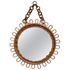 Vintage Italian Round Rattan Wall Mirror with Chain 'circa 1960s'