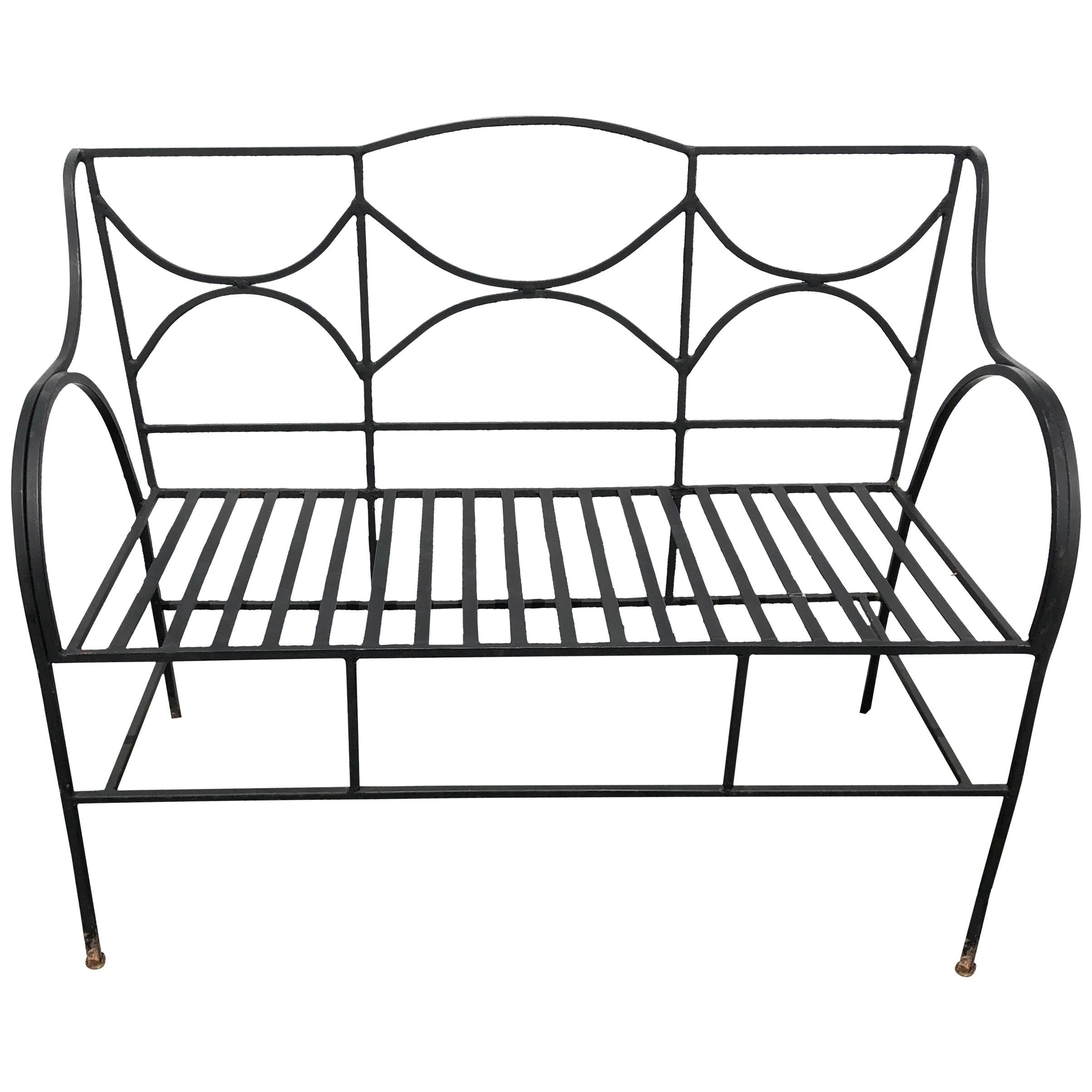 Sophisticated French Black Wrought Iron Neoclassical Patio Loveseat Bench