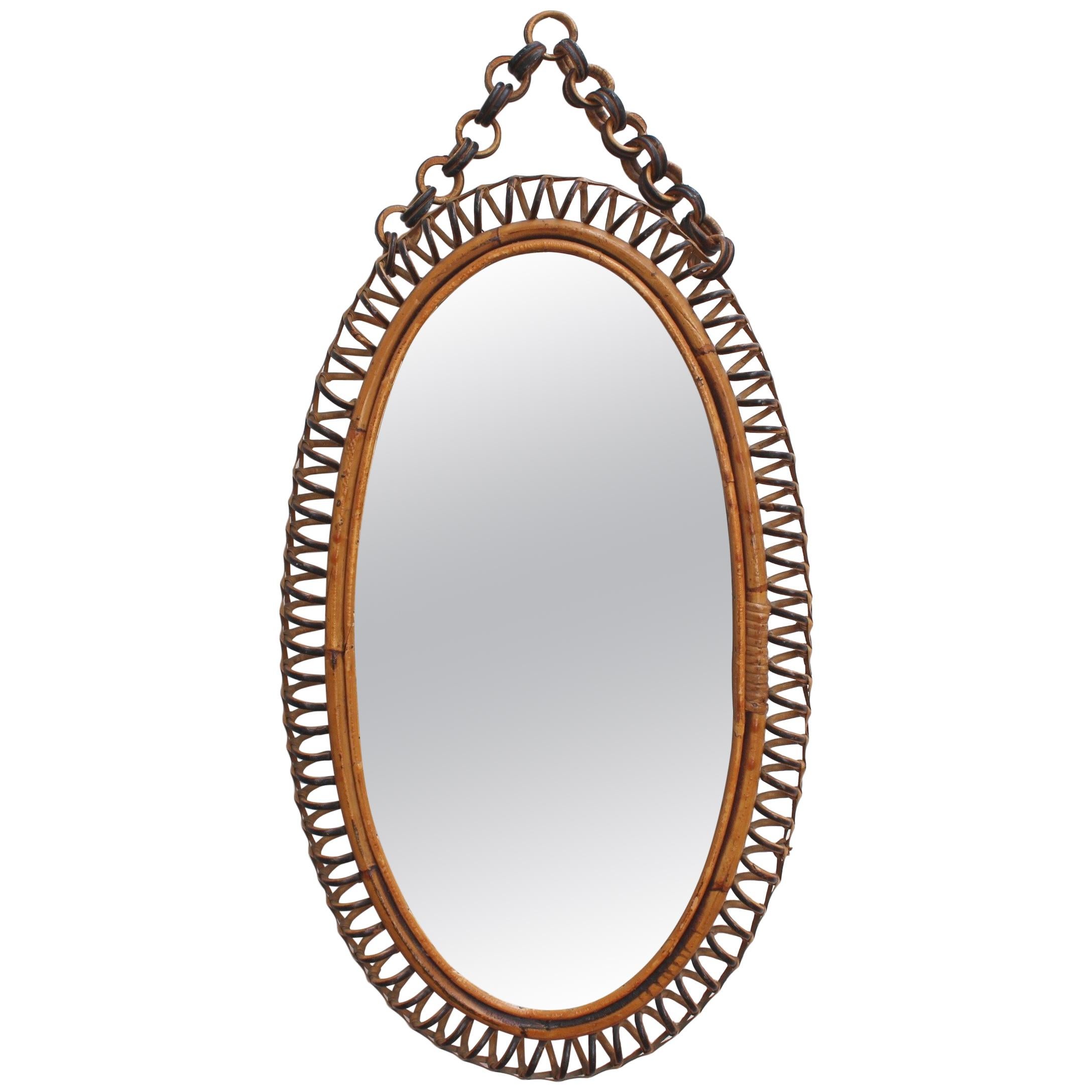 Italian Oval-Shaped Rattan Wall Mirror with Hanging Chain 'circa 1960s'