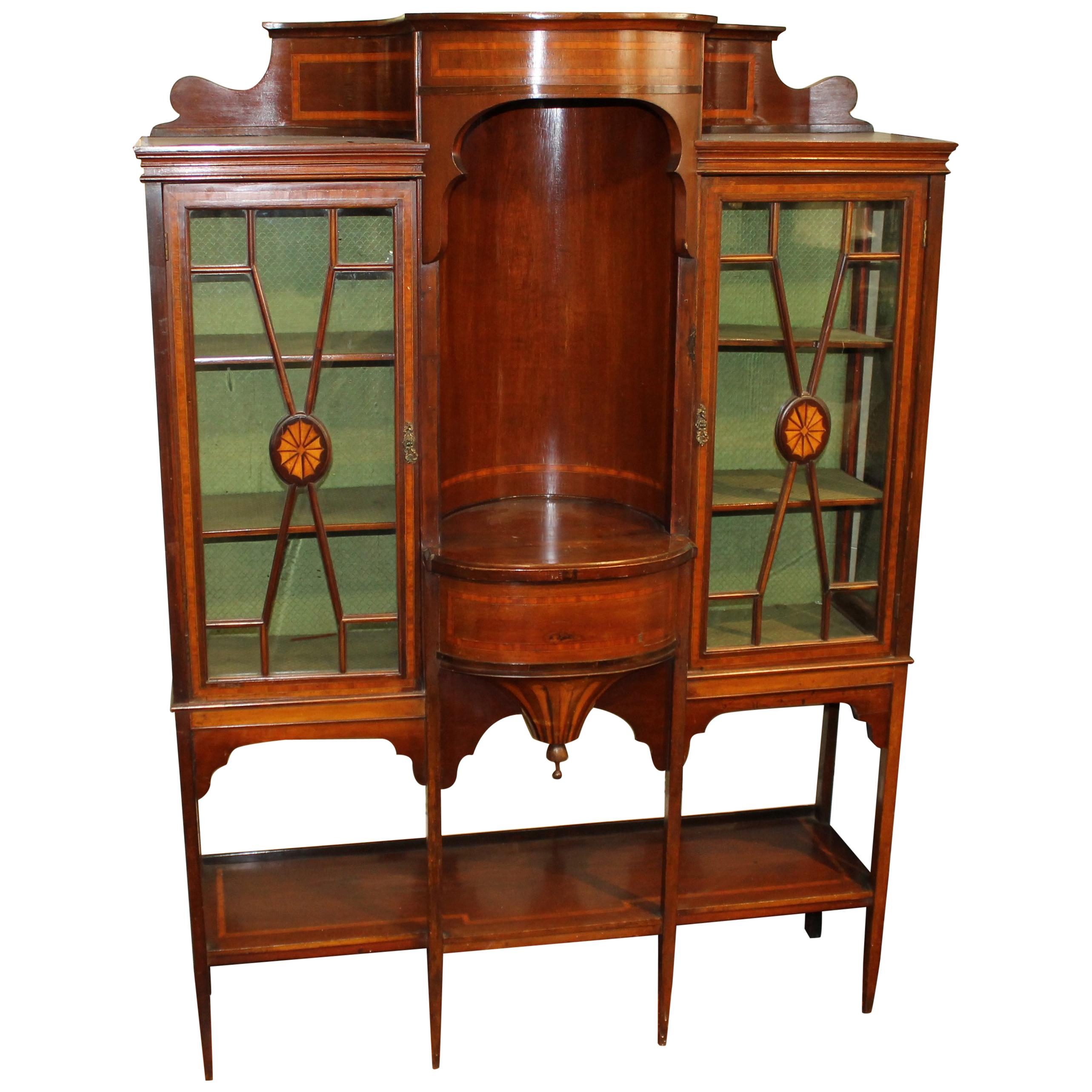 Antique English Satinwood Inlaid Mahogany Edwardian "Adam" Style Display Cabinet