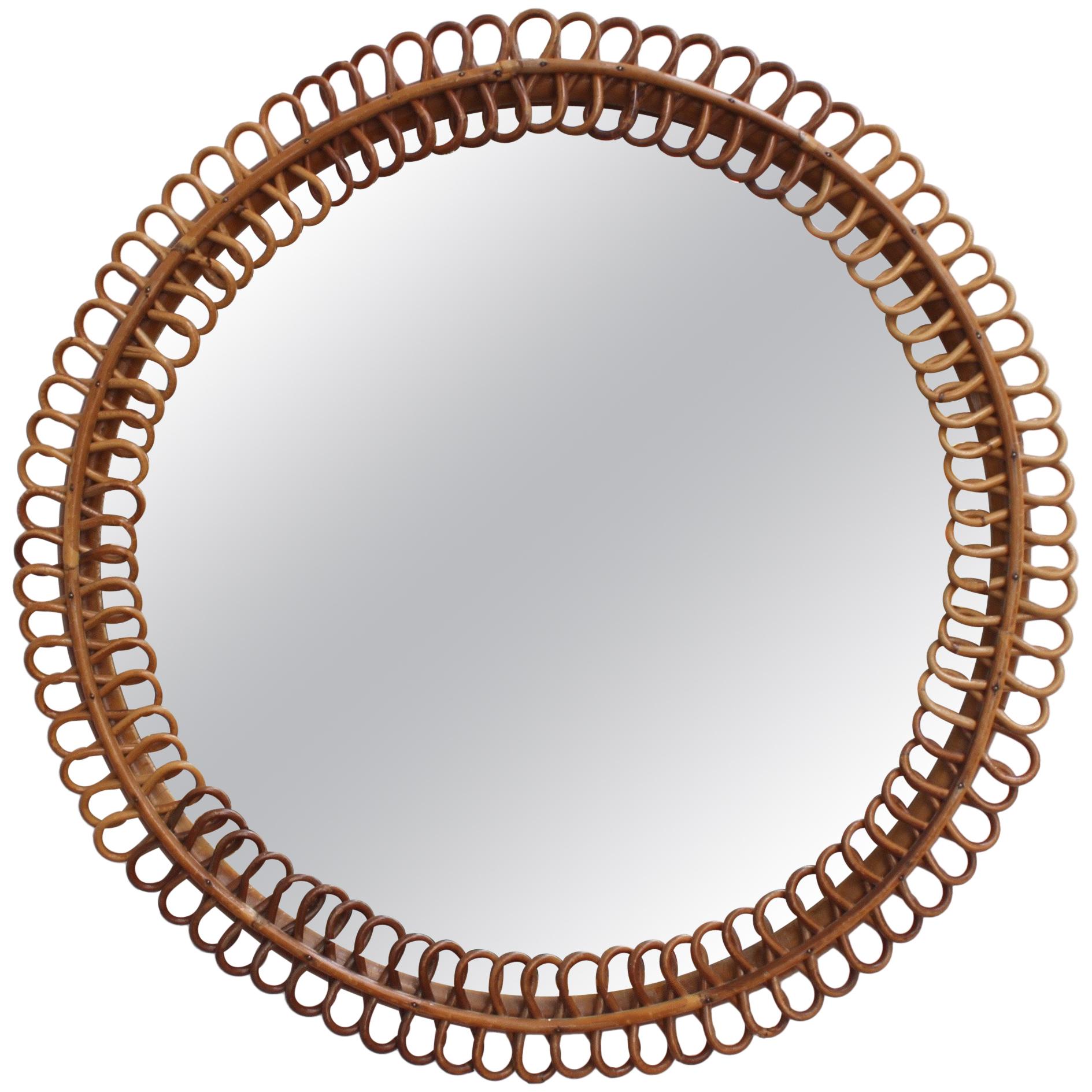 Vintage Italian Round Rattan Wall Mirror, 'circa 1960s'