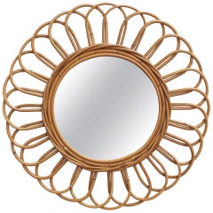 Vintage French Sunflower Rattan Wall Mirror, circa 1960s