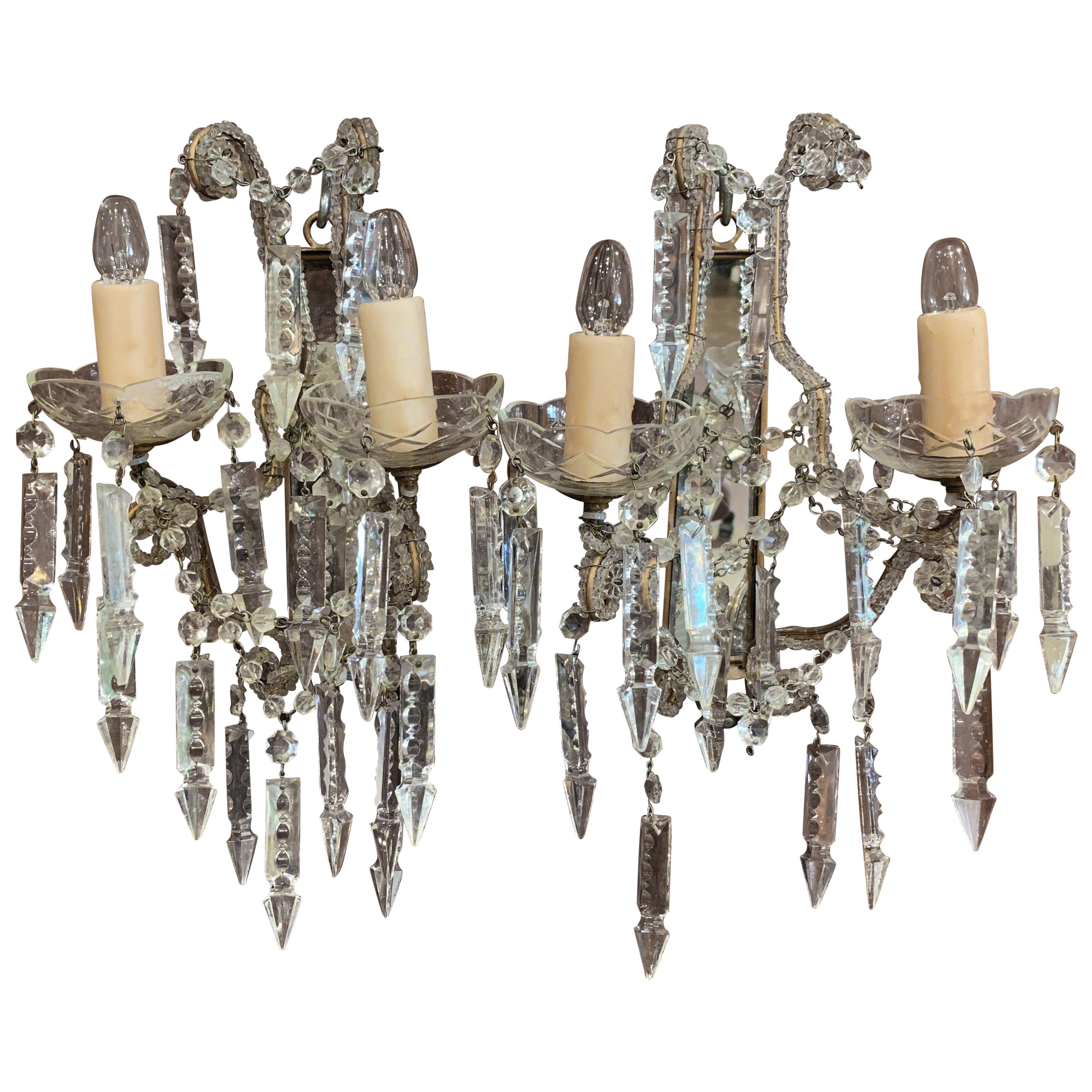Pair of Early 20th Century Italian Crystal and Cut Glass Two-Light Wall Sconces For Sale