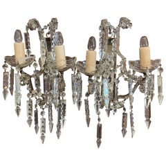 Pair of Early 20th Century Italian Crystal and Cut Glass Two-Light Wall Sconces