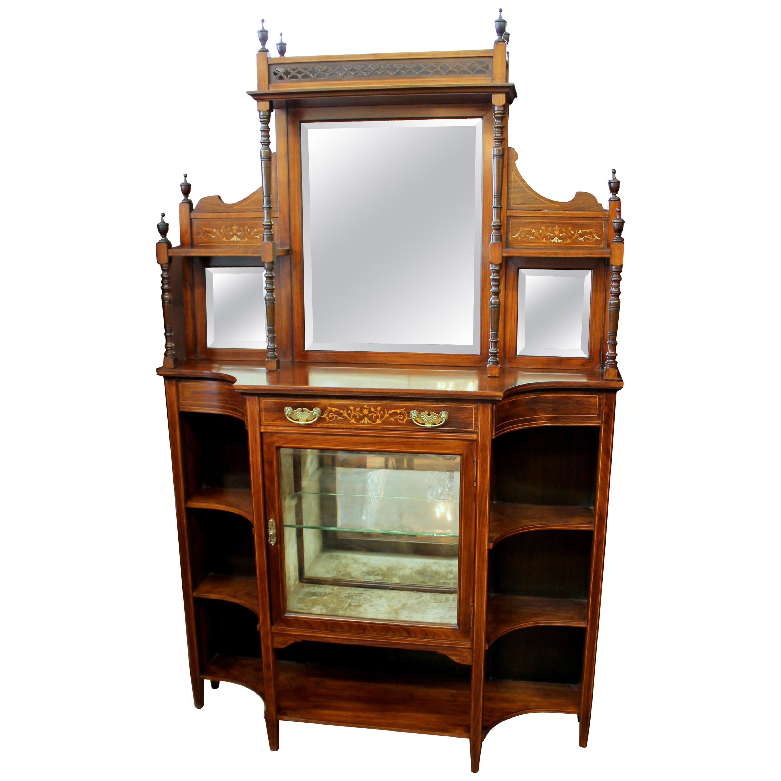 19th Century English Marquetry Inlaid Chiffonier/ Display Cabinet with Niches