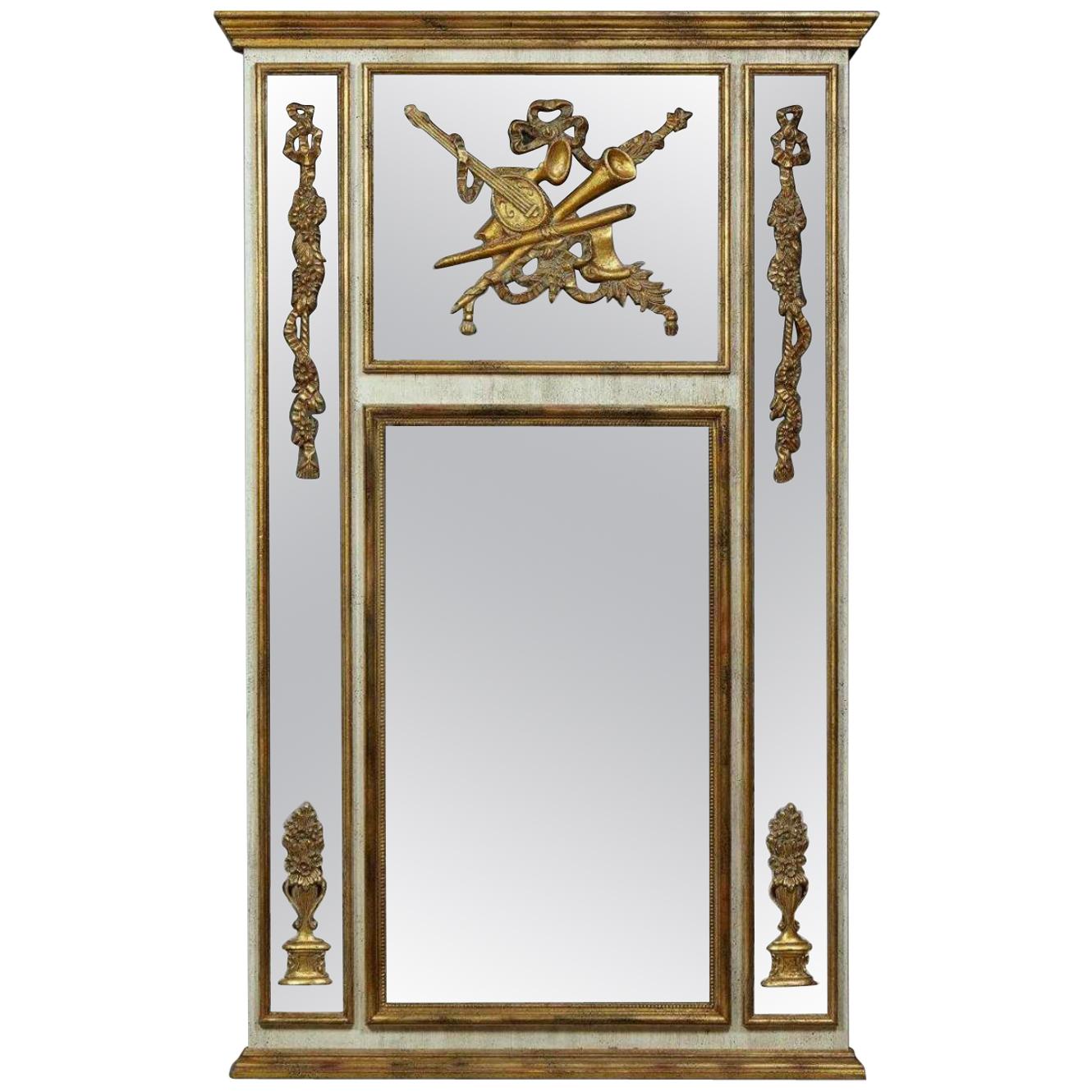 Palatial Louis XVI Style Gilt and Poly-Chromed Wall / Mantle or Console Mirror