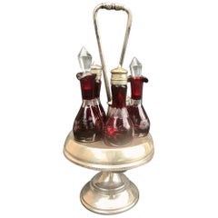 Antique Victorian Ruby Cut to Clear Bohemian Art Glass 5 Piece Cruet Castor Set